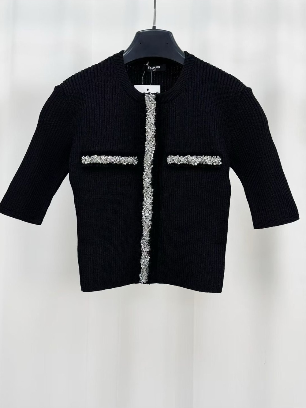 Balmain Black Knit Short-Sleeve Jacket with Silver Accent Trim